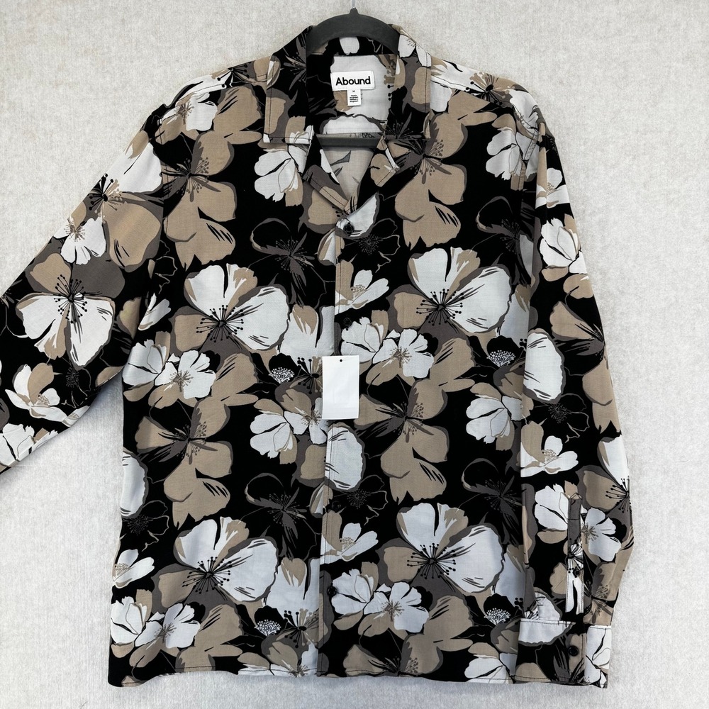 Mens Medium Floral Print Long Sleeve Viscose Camp Shirt Black Tan White